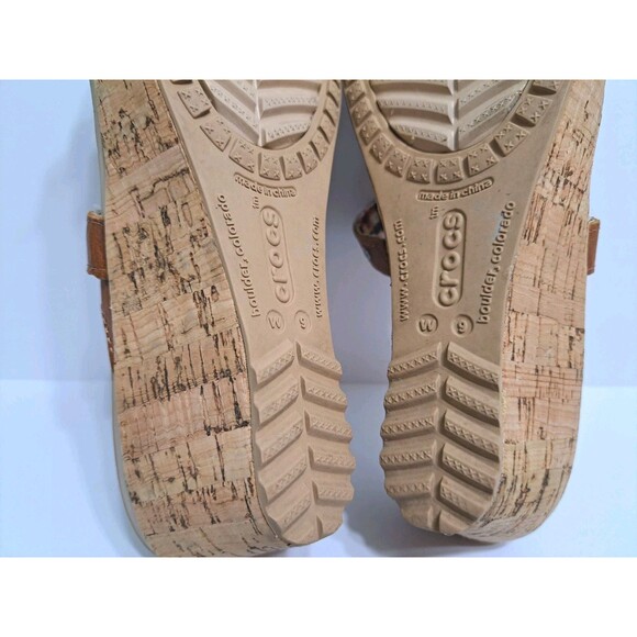 Crocs A-leigh Women's 9 Wedge Sandals Brown Leather Cork Strappy - Picture 10 of 10